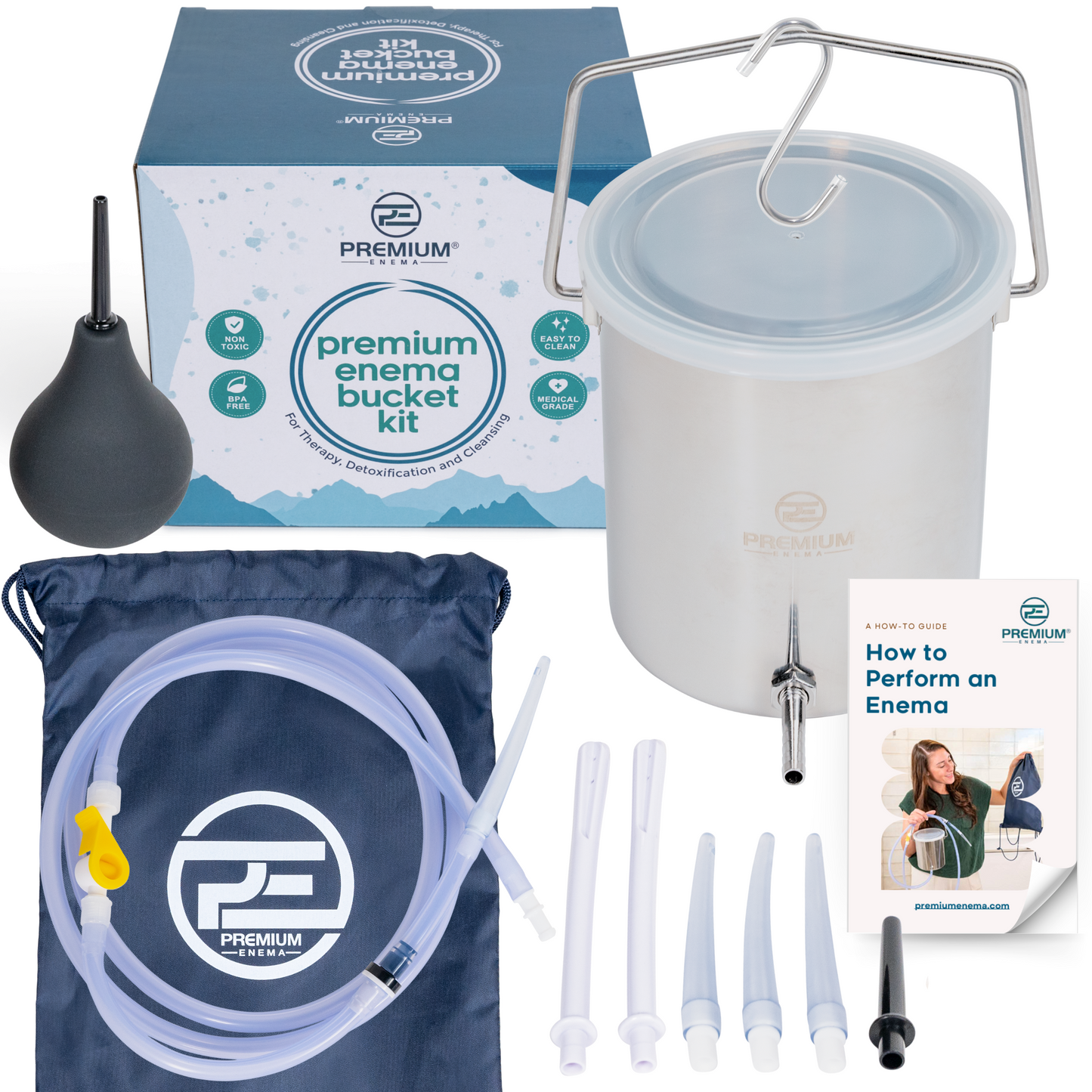 PE Premium Enema Stainless Steel Coffee Enema Bucket Kit - Organic Home Colonic Kit for Men/Women - Ideal for Colon and Liver Cleansing, Detoxifying Enemas