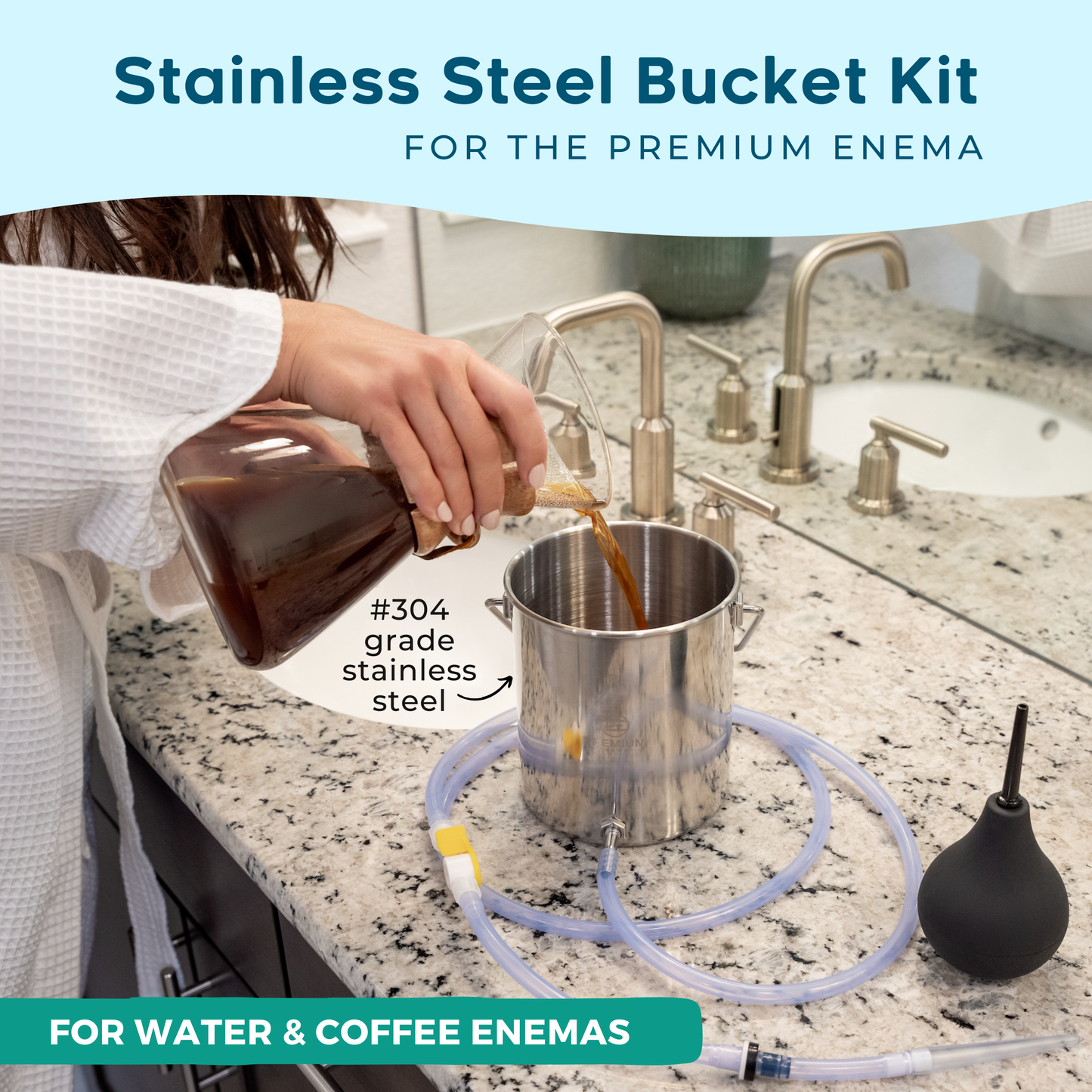 PE Premium Enema Stainless Steel Coffee Enema Bucket Kit - Organic Home Colonic Kit for Men/Women - Ideal for Colon and Liver Cleansing, Detoxifying Enemas
