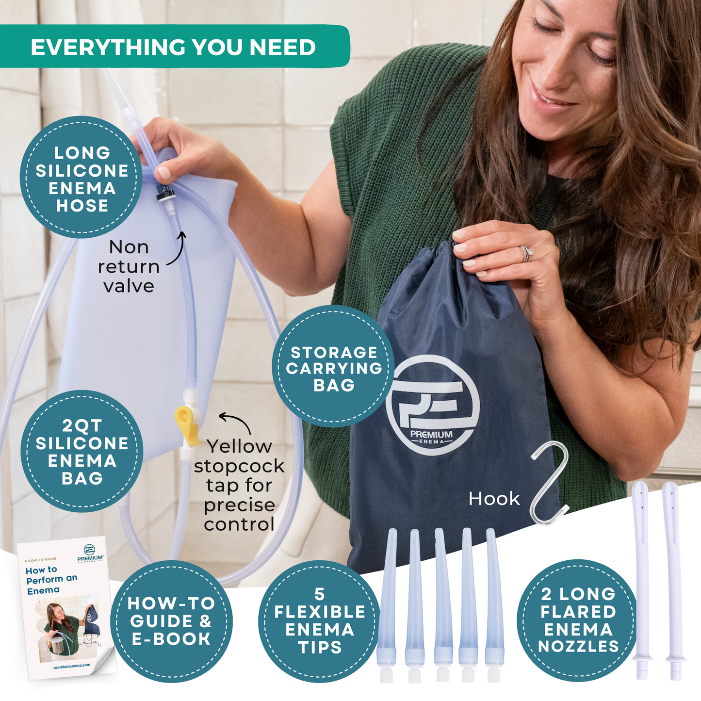 PE Clear Silicone Enema Bag Kit. Suitable for Coffee and Water Colon Cleansing. 2 Quart Capacity, 6.75 Foot Long Hose, 7 Tips. by Premium Enema