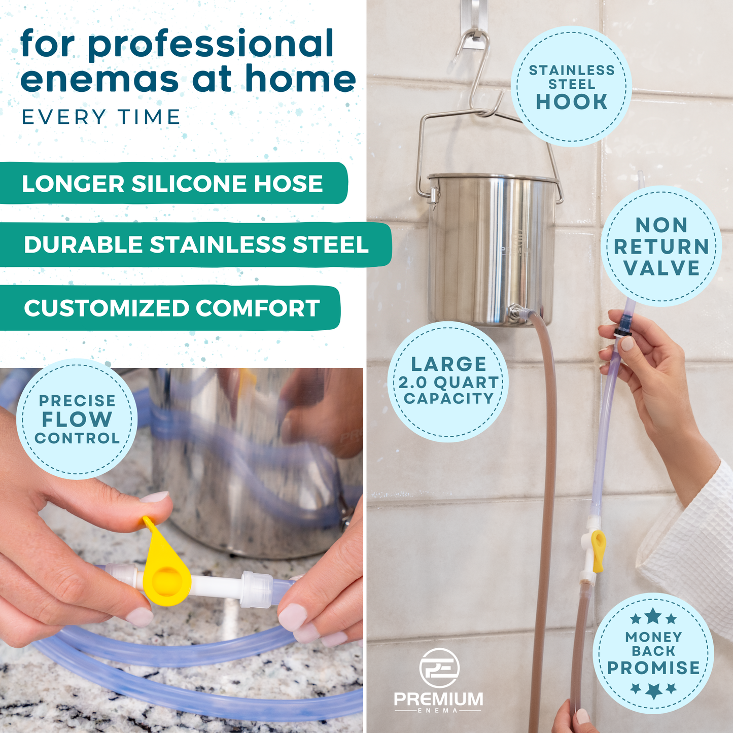 PE Premium Enema Stainless Steel Coffee Enema Bucket Kit - Organic Home Colonic Kit for Men/Women - Ideal for Colon and Liver Cleansing, Detoxifying Enemas