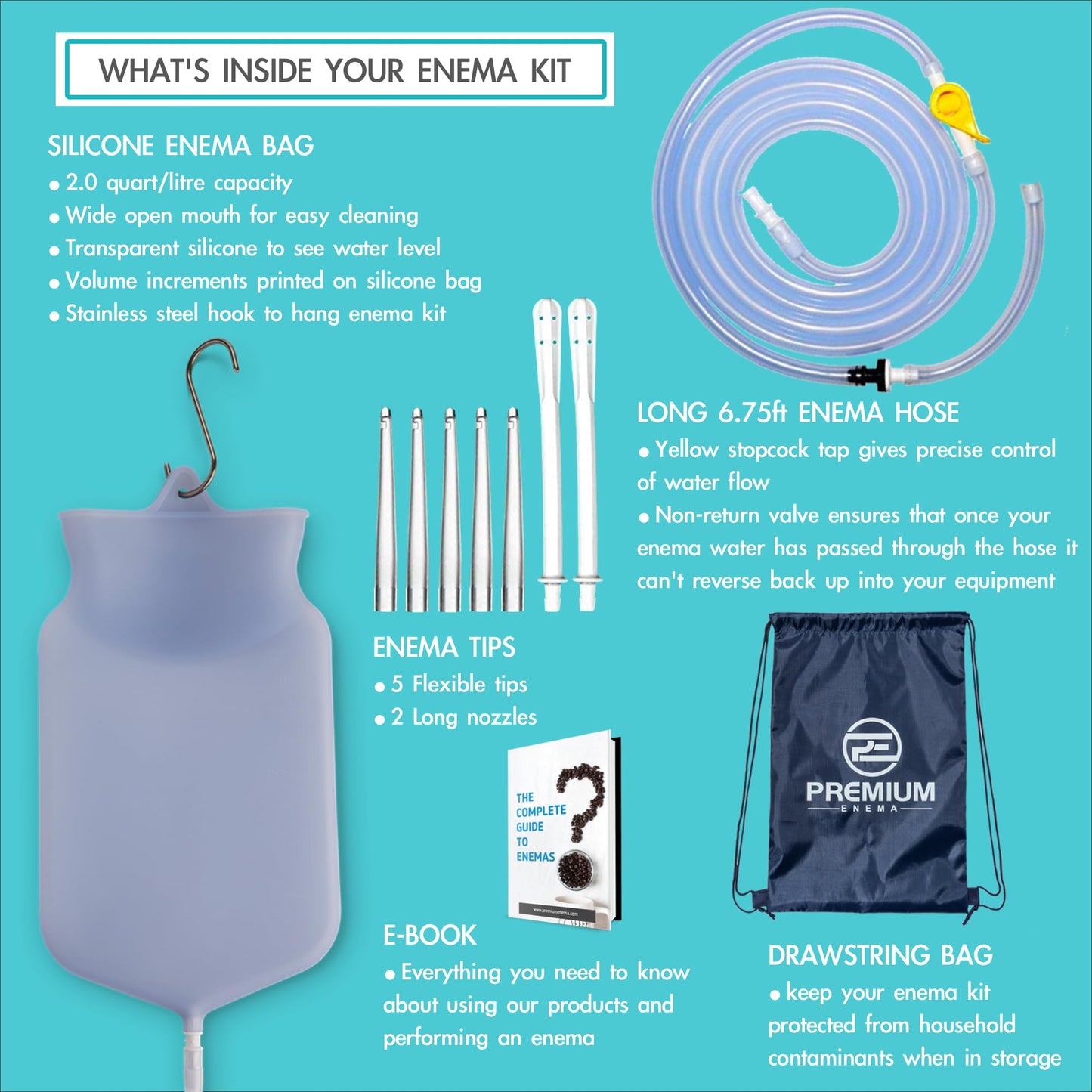 PE Clear Silicone Enema Bag Kit. Suitable for Coffee and Water Colon Cleansing. 2 Quart Capacity, 6.75 Foot Long Hose, 7 Tips. by Premium Enema