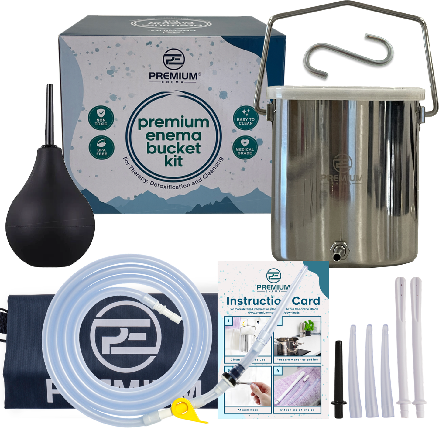 PE Premium Enema Stainless Steel Coffee Enema Bucket Kit - Organic Home Colonic Kit for Men/Women - Ideal for Colon and Liver Cleansing, Detoxifying Enemas
