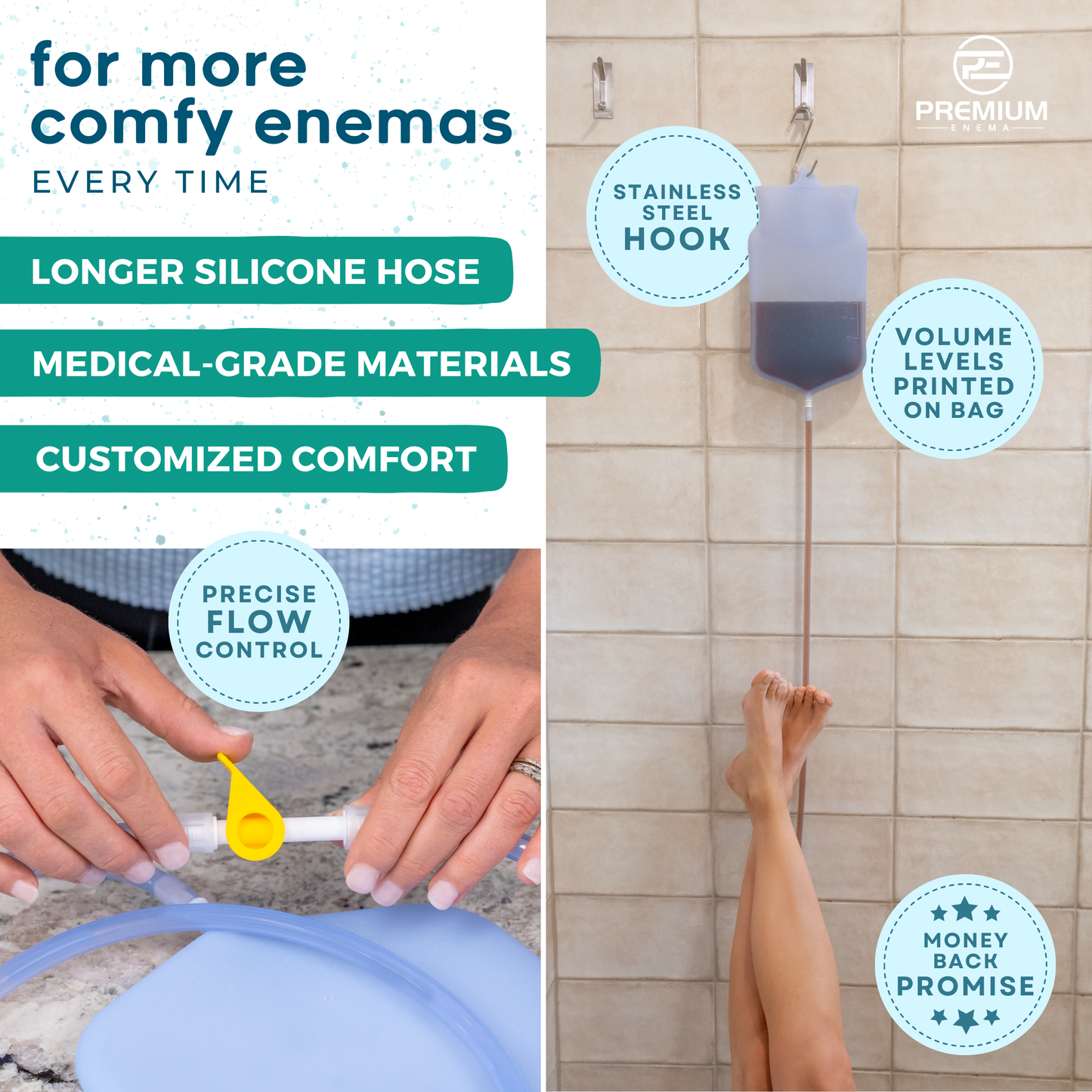 PremiumEnema Clear Silicone Enema Bag with Extra-Long 6.75FT Enema Hose and Precise Flow Control