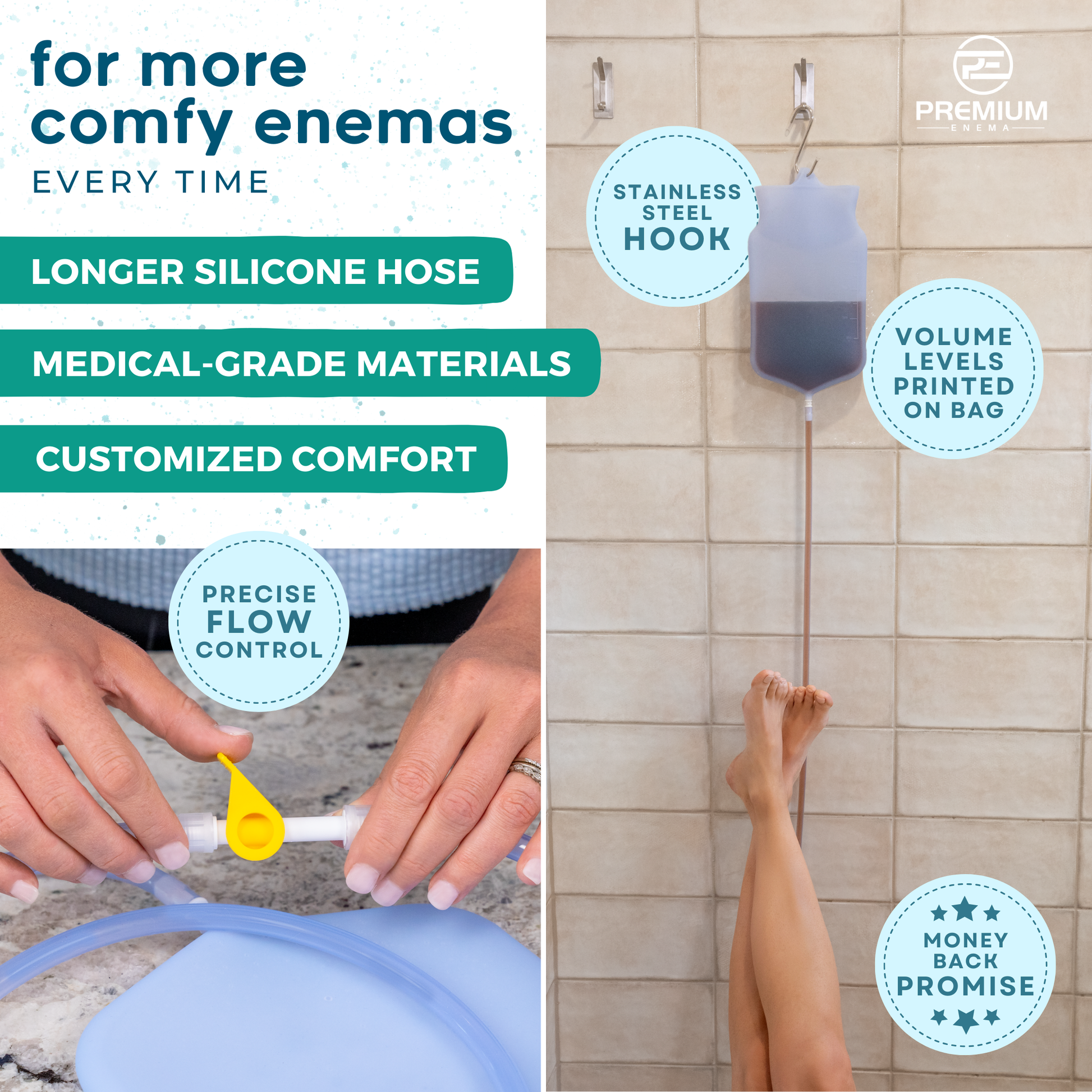 PremiumEnema Clear Silicone Enema Bag with Extra-Long 6.75FT Enema Hose and Precise Flow Control