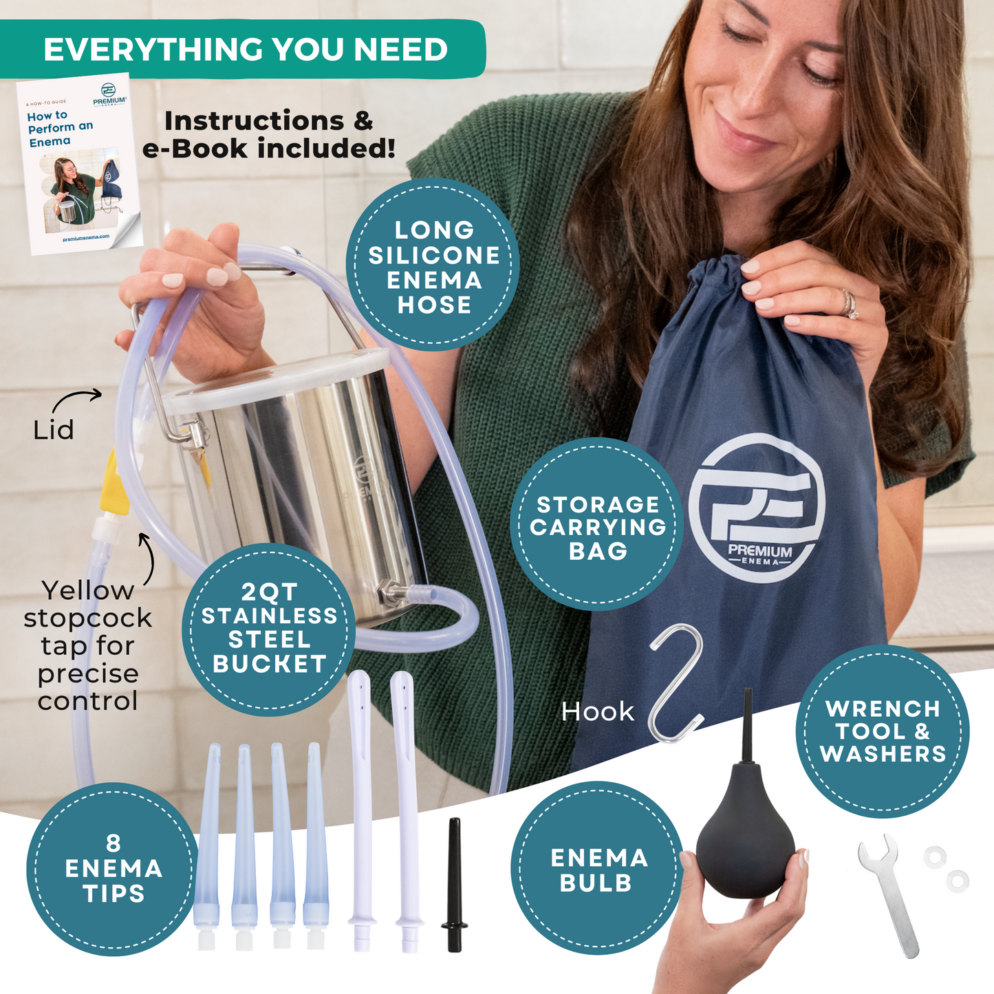 PremiumEnema Stainless Steel Enema Bucket Kit with Complete Accessories